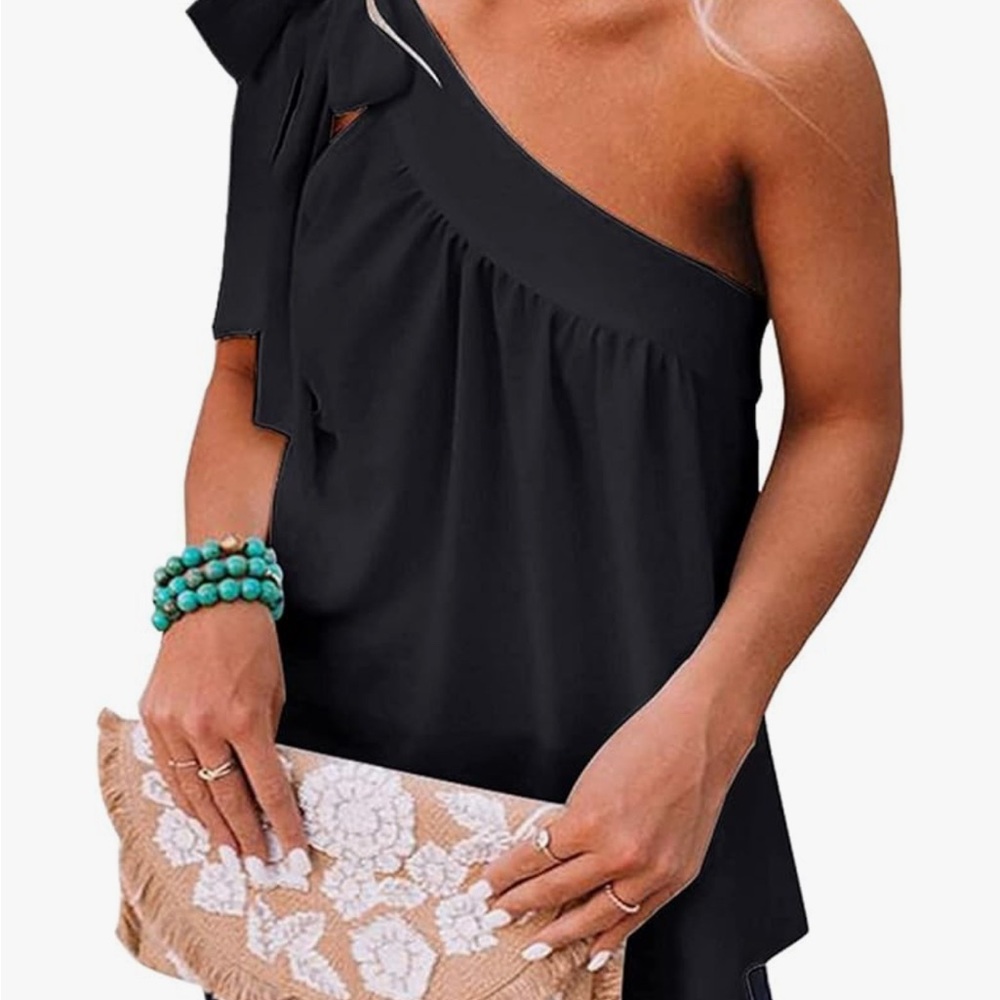 NWOT CHIC Black One-Shoulder Top with Ruffle Detail